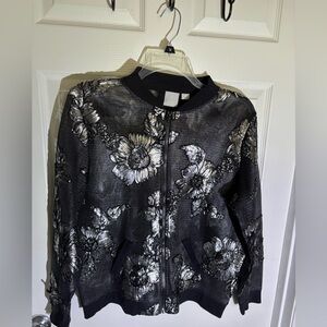 Goth Grandma Silver & Black 3D Floral Metallic Mesh Bomber Jacket, Women’s L